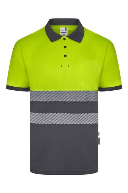 Polo bicolor alta visibilidad poliéster reciclado manga corta cintas segmentadas 305533 | VELILLA
